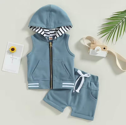 Kids Boys Lightweight Sleeveless Hooded Zipper & Shorts Set. 4 Colours 3M-3Y