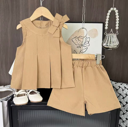 Kids Girls Lightweight Pleated Vest Top & Shorts Set. 5 Colours 3-7Y