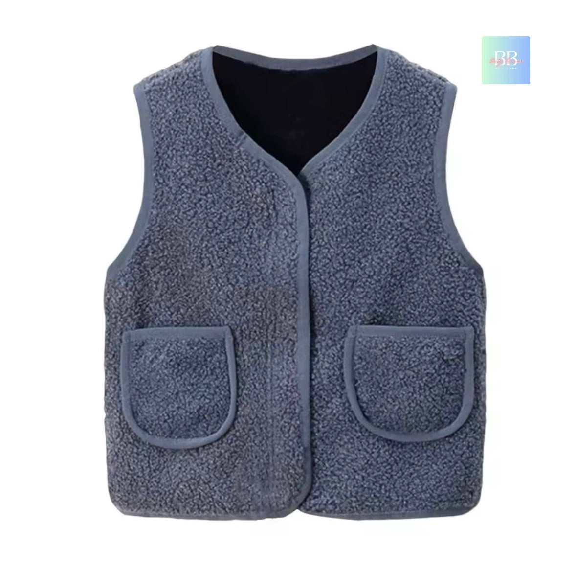 Gray fleece vest with two front pockets on a white background