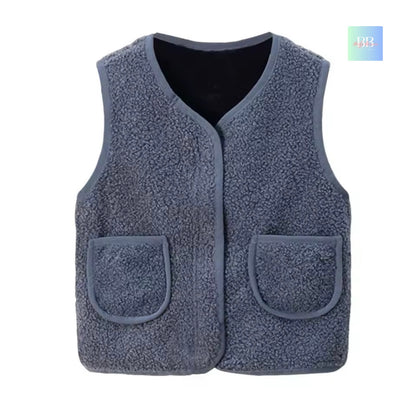 Gray fleece vest with two front pockets on a white background