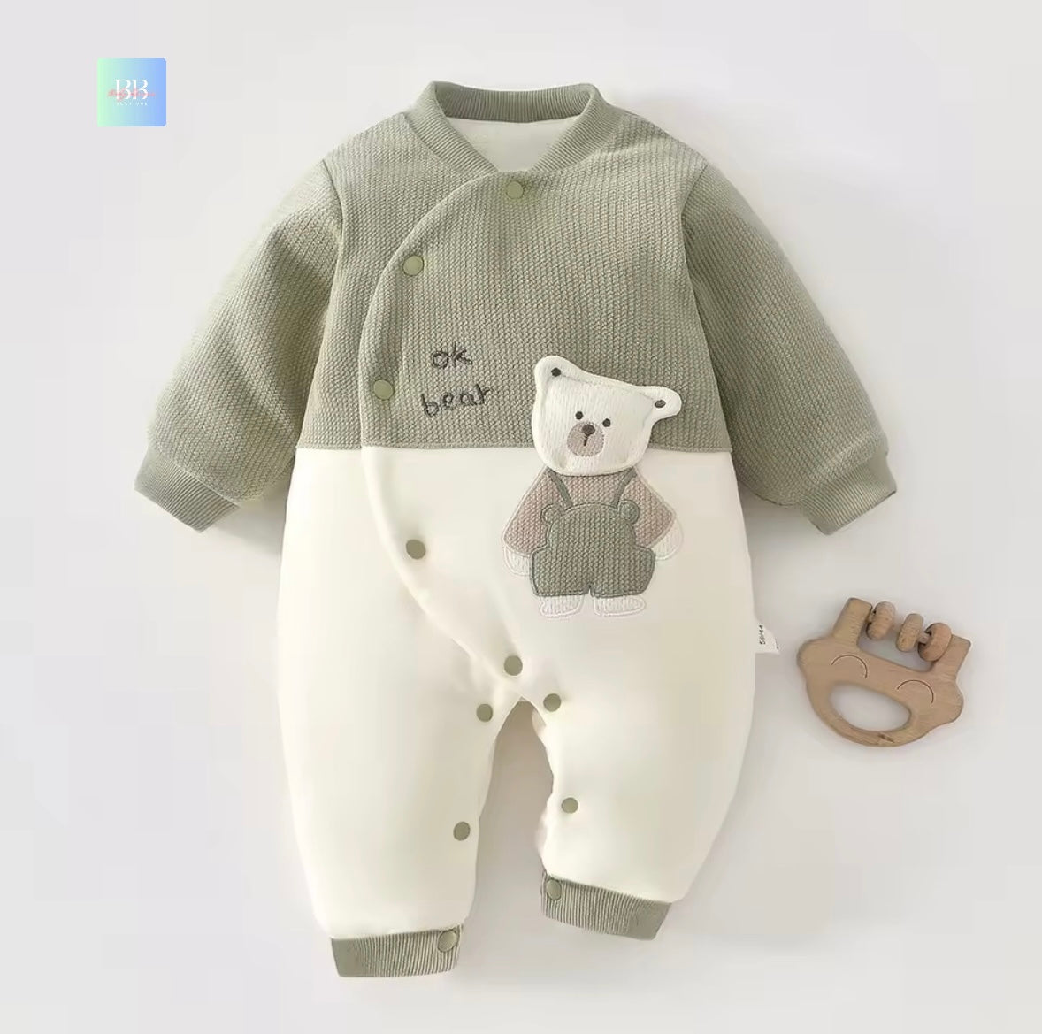 Baby romper with bear design on a white background