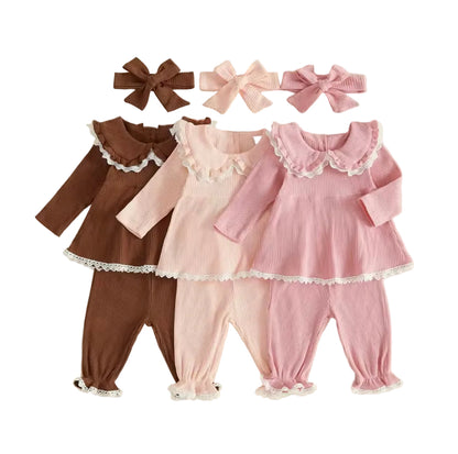 Baby Toddler Girls Ribbed Lace Trim Top Trousers & Headband Set. 3 Colours 6M-3Y