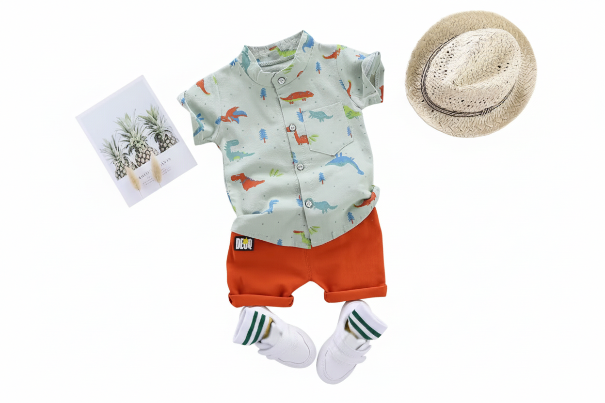 Children's outfit with shirt, shorts, socks, and hat on a white background