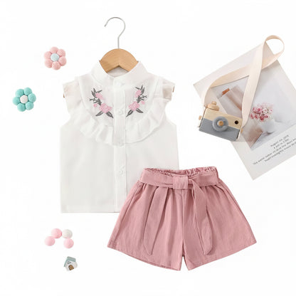 Baby Toddler Girls Sleeveless Cotton Shirt & Linen Shorts Set. 2 Colours 9M-3Y