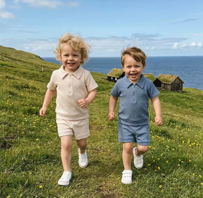 Kids Boys Half Zip Lapel Collar T-shirt & Matching Shorts Set. 2 Colours 6M-4Y