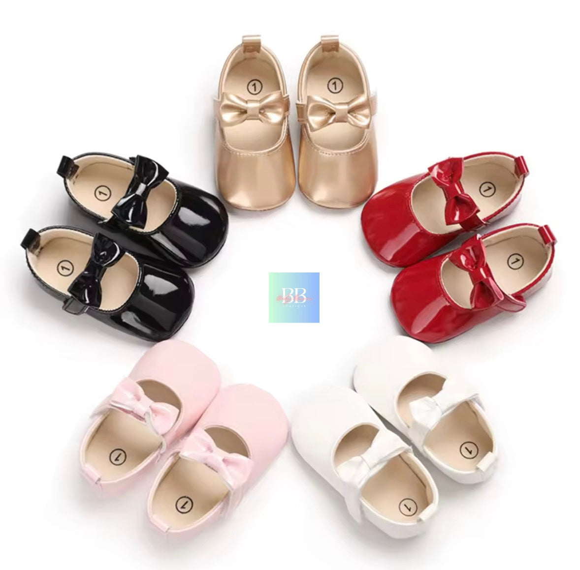 Patent Baby Shoes with Bowknot Velcro Strap. 6 Colours, 0-18M