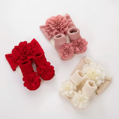 Baby Girls Flower Headband & Non Slip Socks Set. 3 Colours 0-12M