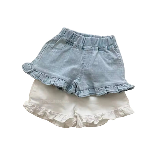 Light blue denim shorts with ruffled hem on a white background