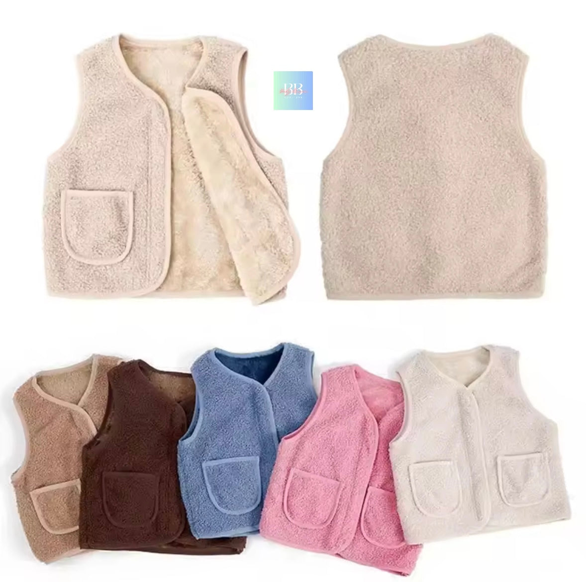 Collection of children's fleece vests in various colors on a white background