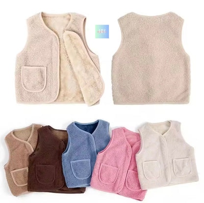 Collection of children's fleece vests in various colors on a white background