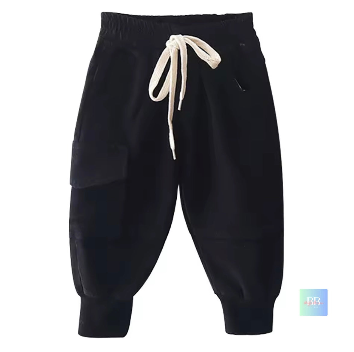 Black pants with a white drawstring on a white background