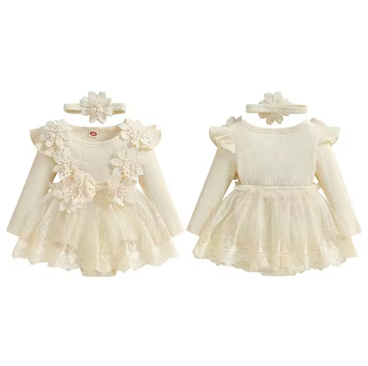 Two baby dresses with floral details and matching headbands on a white background