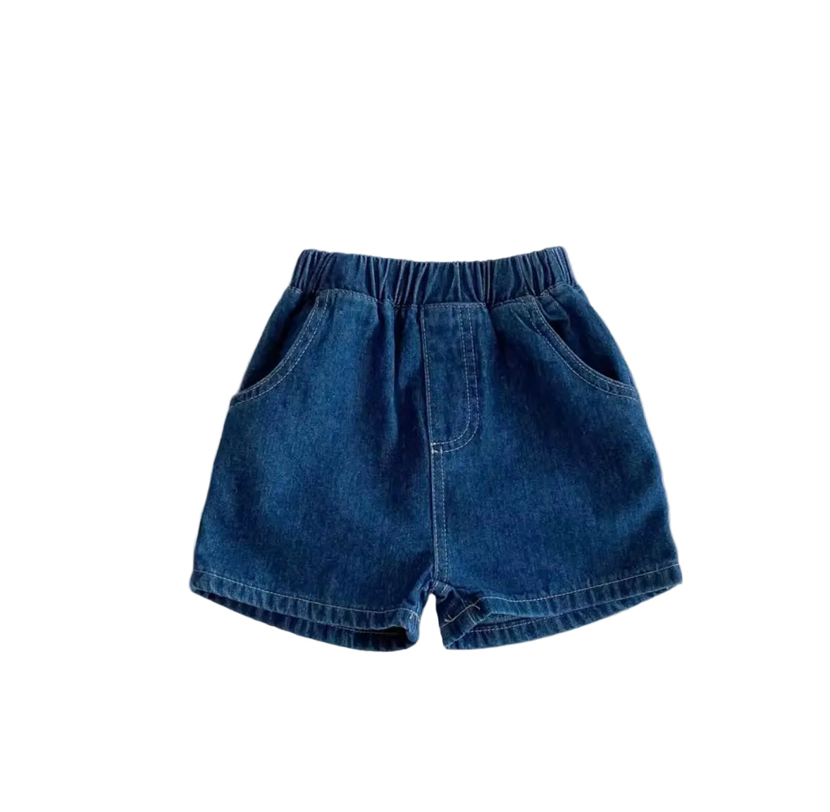 Blue denim shorts on a light gray background