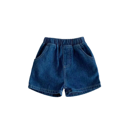 Blue denim shorts on a light gray background
