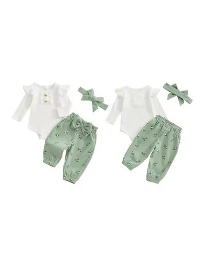 Kids Girls Long Sleeve Romper With Floral Trousers & Headband Set. 3 Colours 1-12M