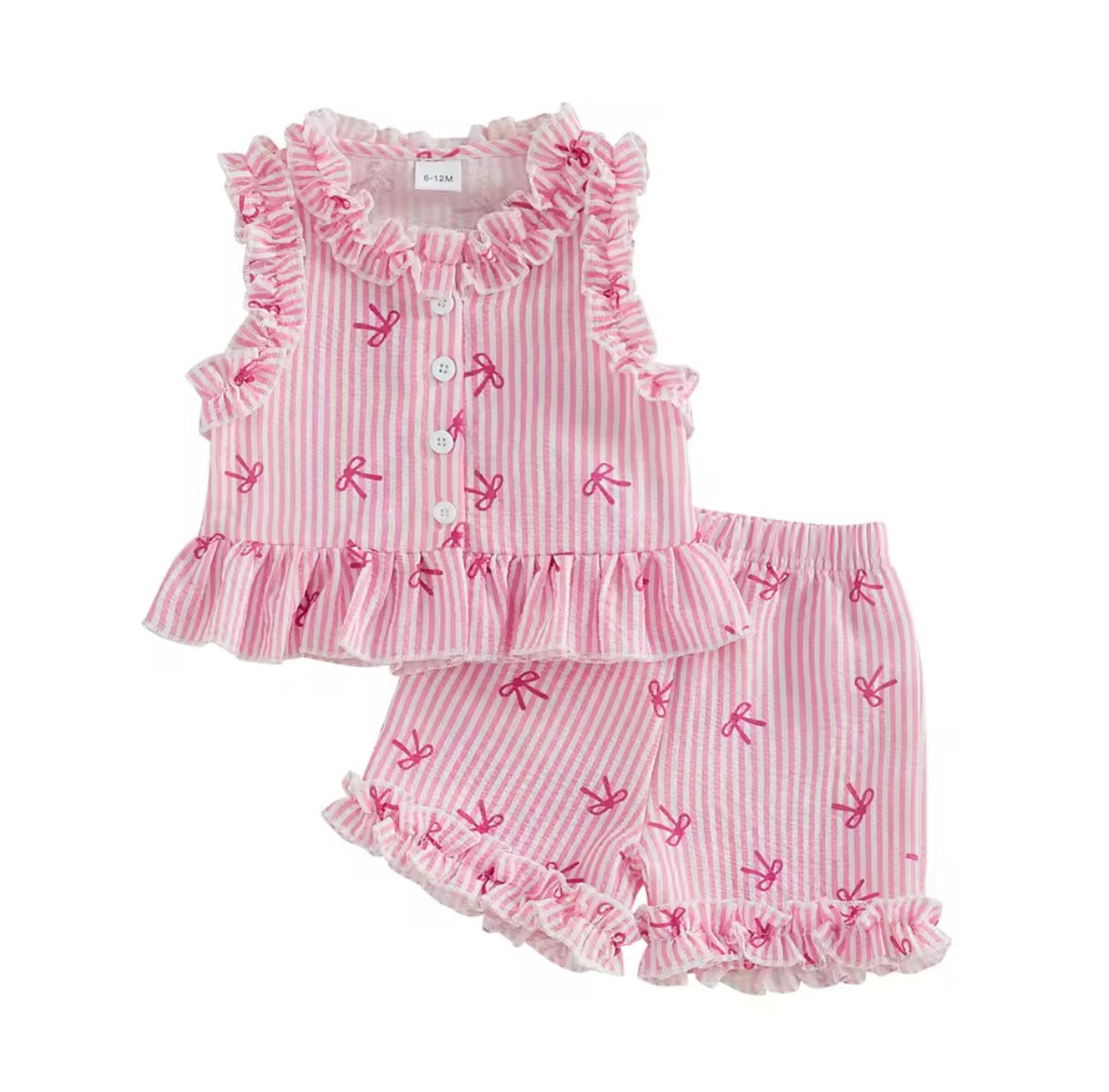 Kids Girls Lightweight Ruffle Pinstripe Vest Top & Shorts Set. 2 Colours 12M-4Y