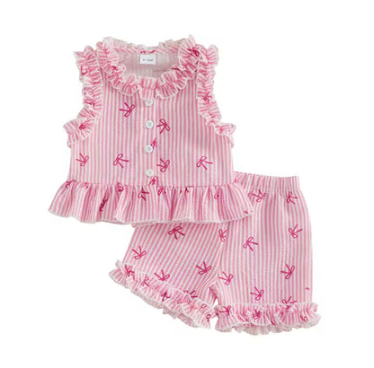 Kids Girls Lightweight Ruffle Pinstripe Vest Top & Shorts Set. 2 Colours 12M-4Y