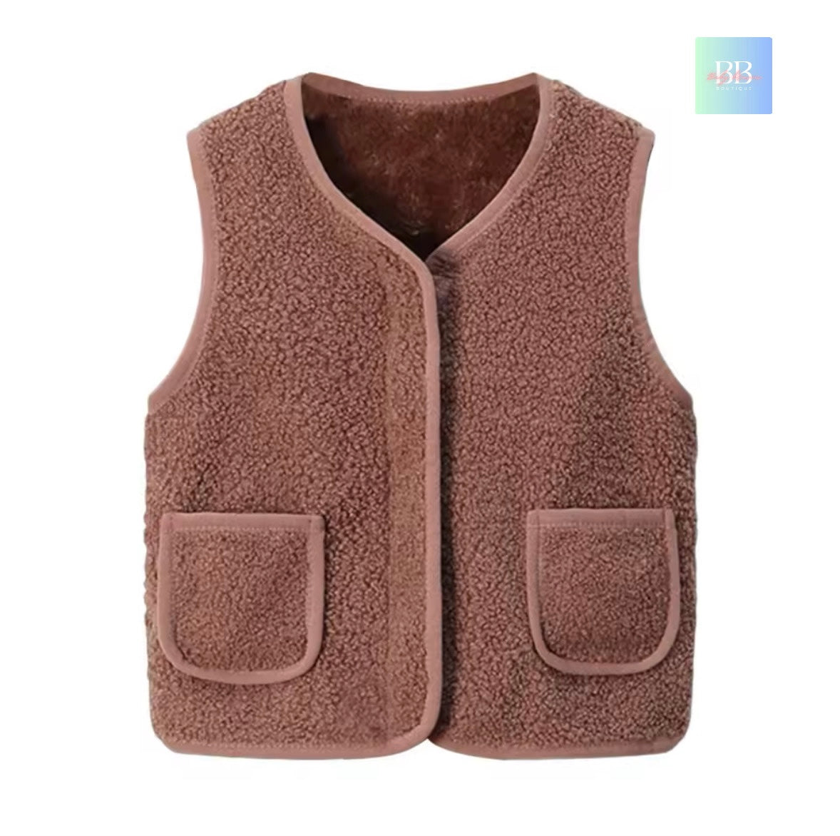 Brown fleece vest with two front pockets on a white background