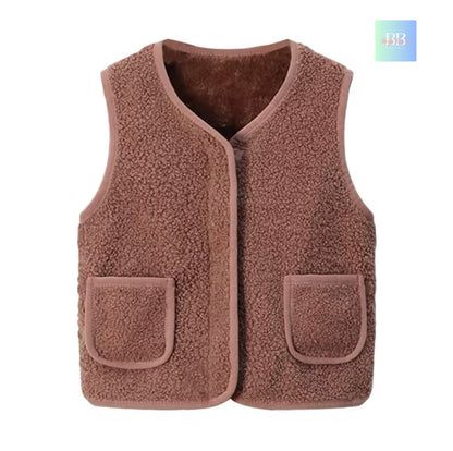 Brown fleece vest with two front pockets on a white background