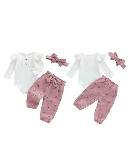 Kids Girls Long Sleeve Romper With Floral Trousers & Headband Set. 3 Colours 1-12M