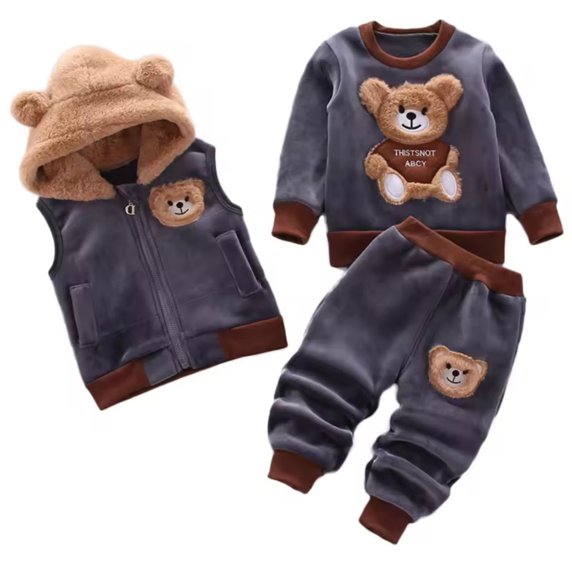 Children's clothing set with bear designs on a white background