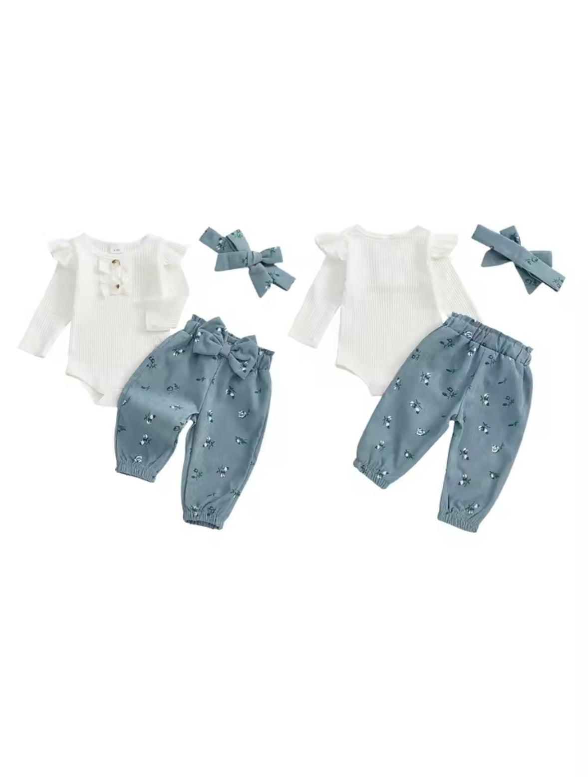Kids Girls Long Sleeve Romper With Floral Trousers & Headband Set. 3 Colours 1-12M