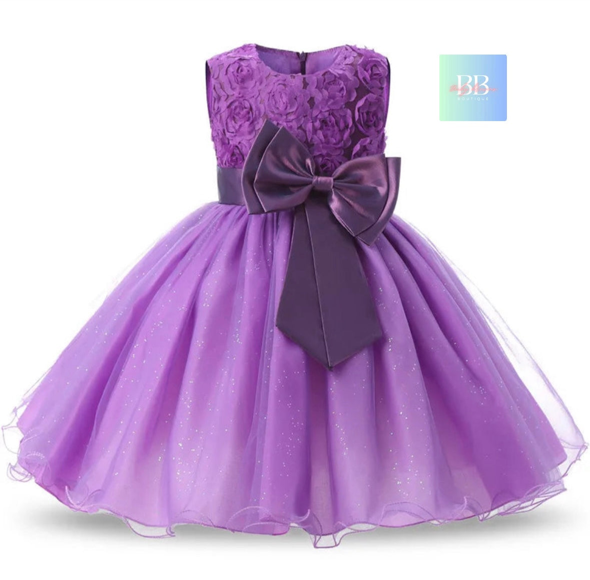 kids Lace Formal Dress with Flower Design, front Bow & Mesh Skirt. 5 colours, 4-10Y.