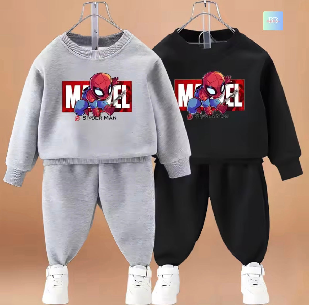 Two children's sweatshirt and pants sets with Spider-Man design on a beige background
