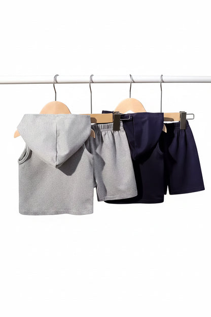 Kids Casual Hooded Sports Vest Top & Shorts 4 pcs Mix & Match Set. 2 Colours 6M-3Y