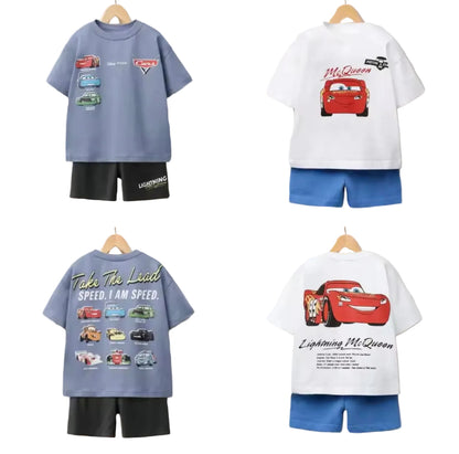 Two sets of children's clothing with Disney Cars graphics on a white background