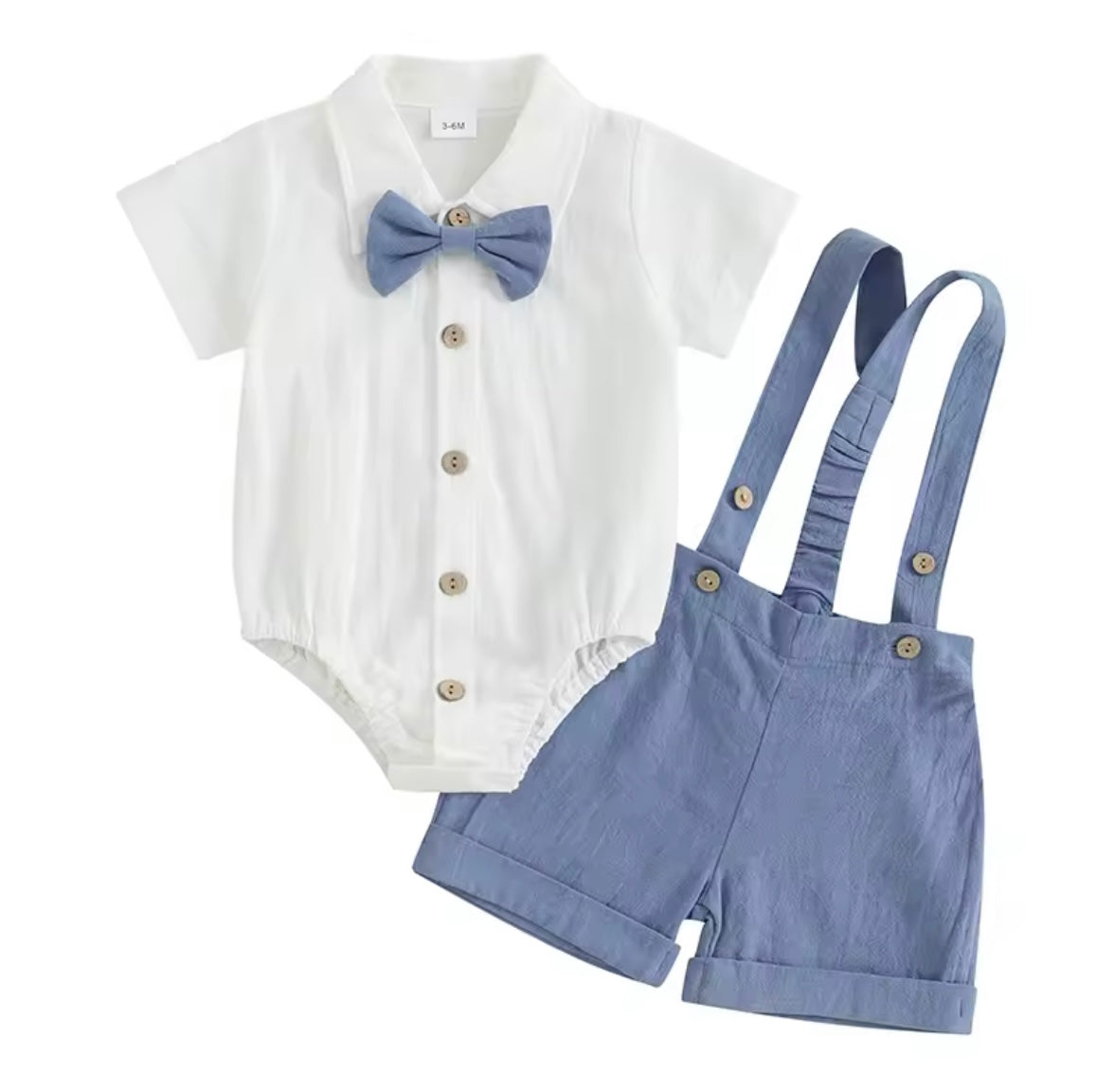 Baby Toddler Boys Romper Shirt with Bow Tie & Dungaree Shorts. 3 Colours 3-24M