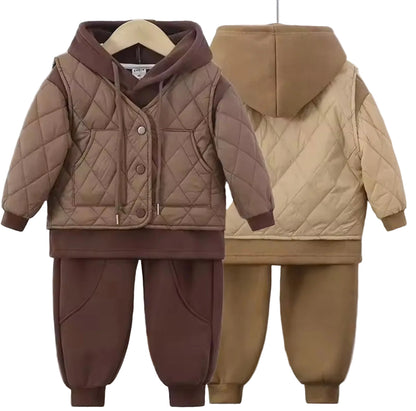 Children's brown and beige quilted jacket and pants set on hangers against a white background.