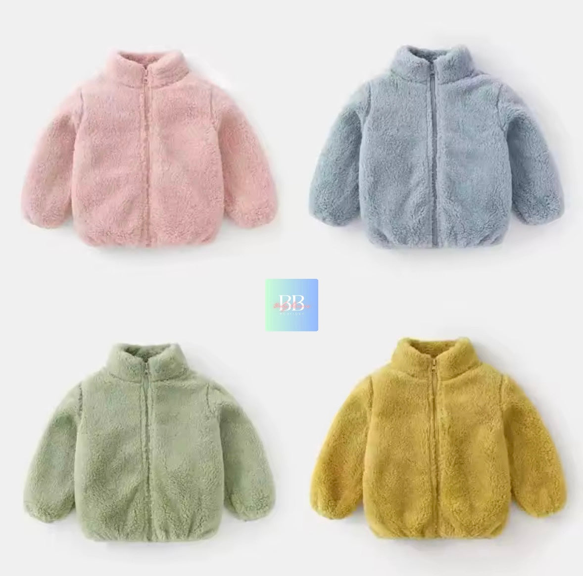 Four children's jackets in pink, blue, green, and yellow on a white background.