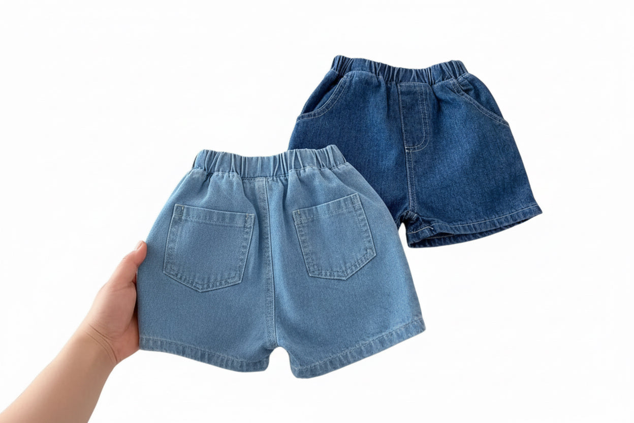 Two pairs of blue denim shorts on a white surface with a decorative plate featuring a cartoon character.