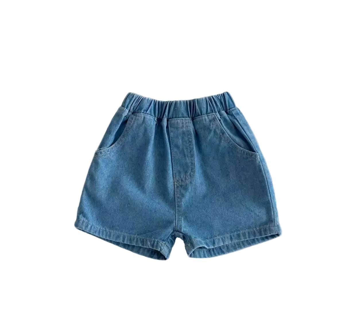 Blue denim shorts on a light gray background