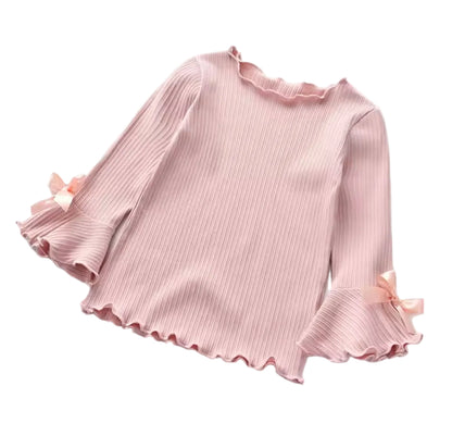Kids Girls Ribbed Long Sleeve Bowknot Top. 3 Colours 2-8Y