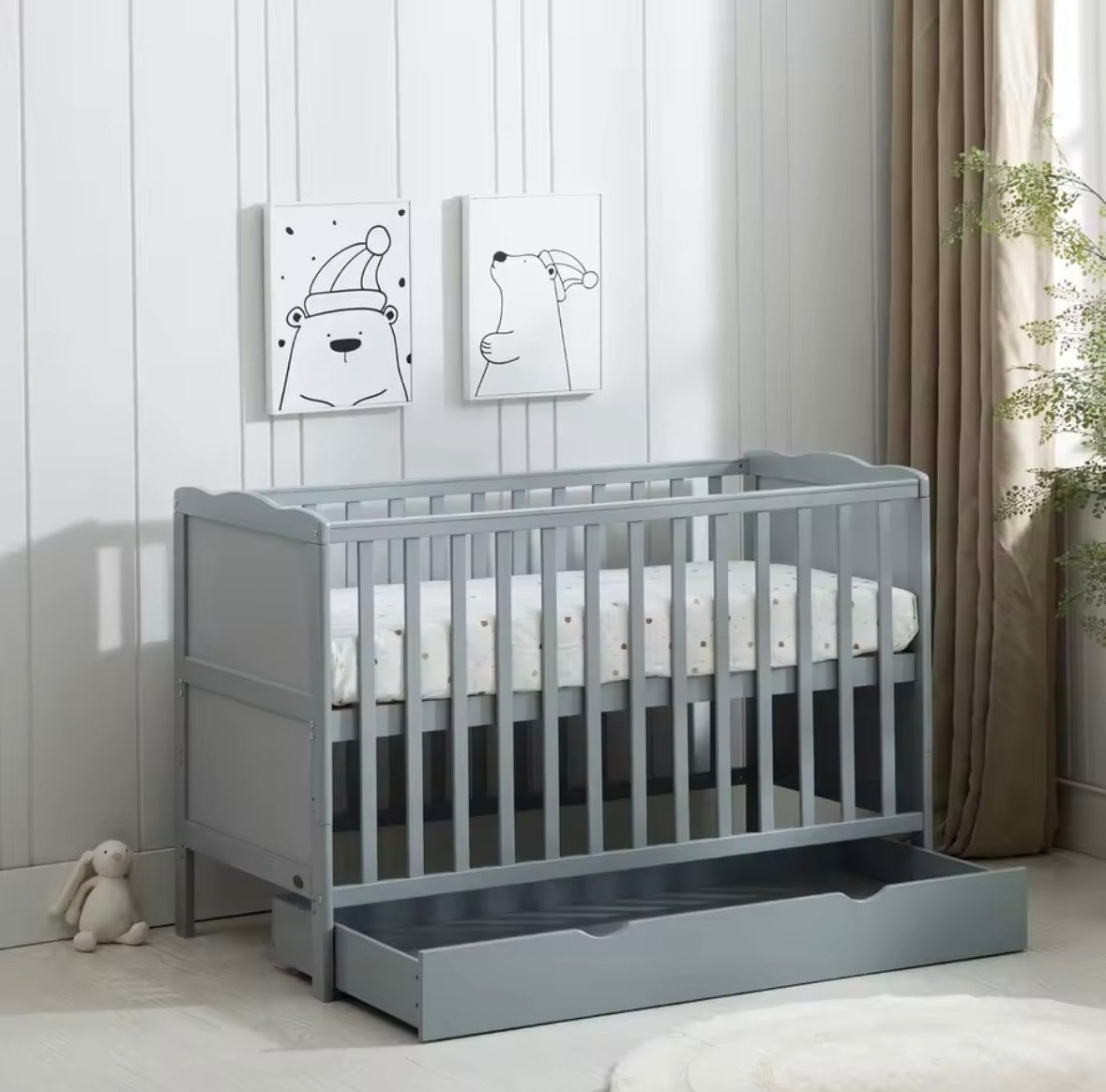 Baby Toddler Wooden Cot Bed with Waterproof Mattress & Drawer Colour Grey