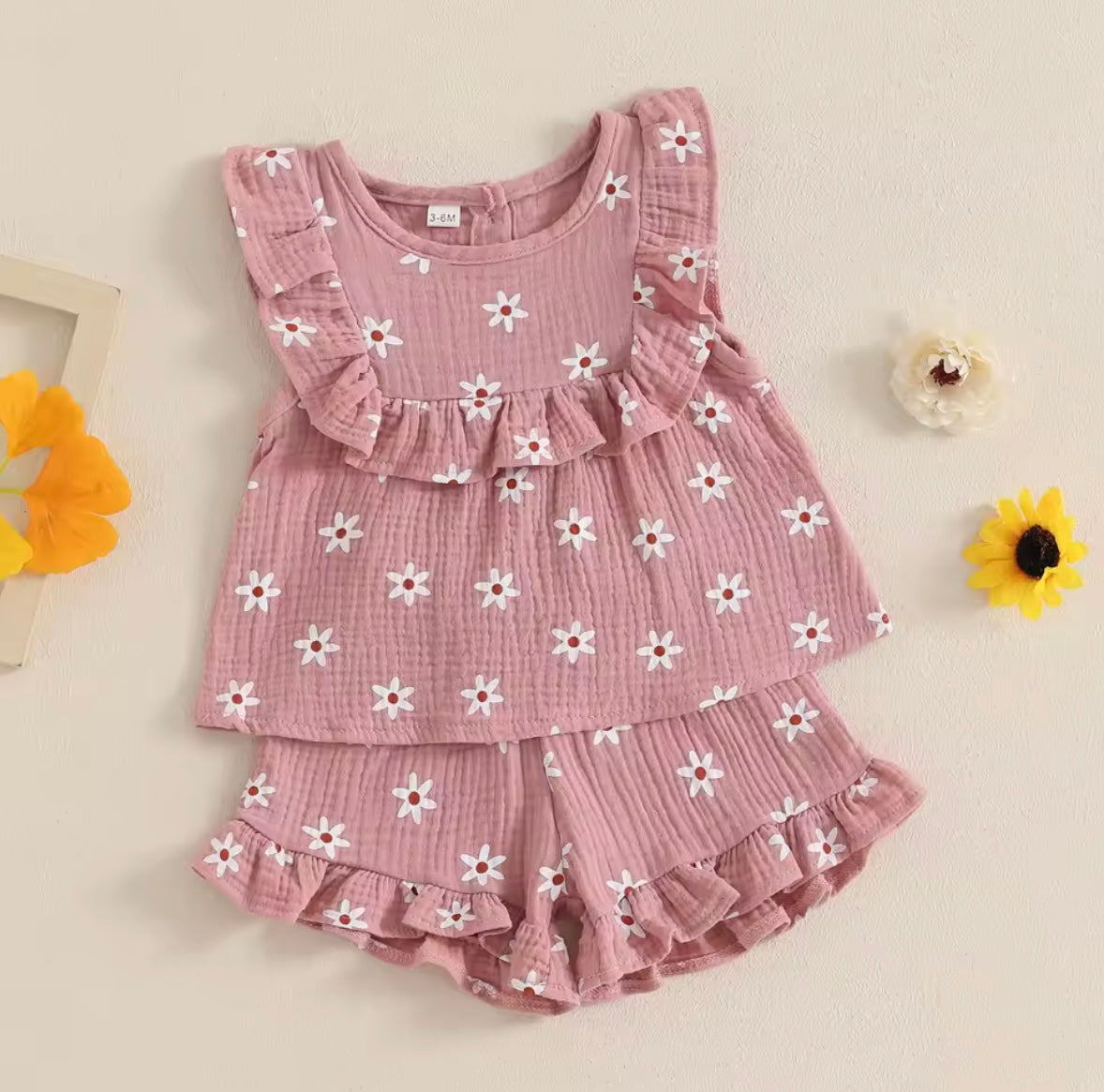 Baby Toddler Floral Muslin Sleeveless Top & Matching Shorts Set. 3 Colours 6M-4Y