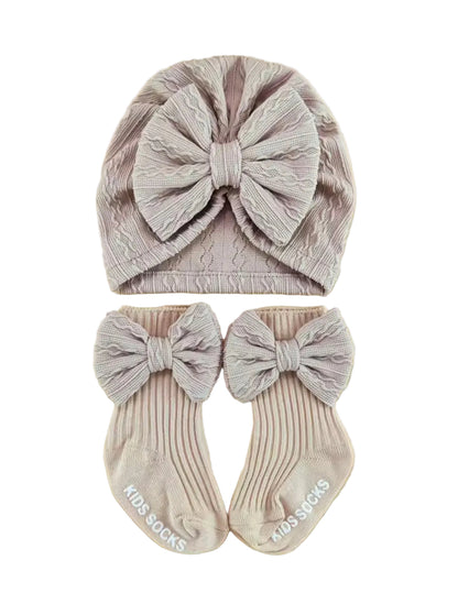 Baby Toddler Girls Bowknot Headscarf Hat & Matching Bowknot Socks. 5 Colours Fits 0-6M