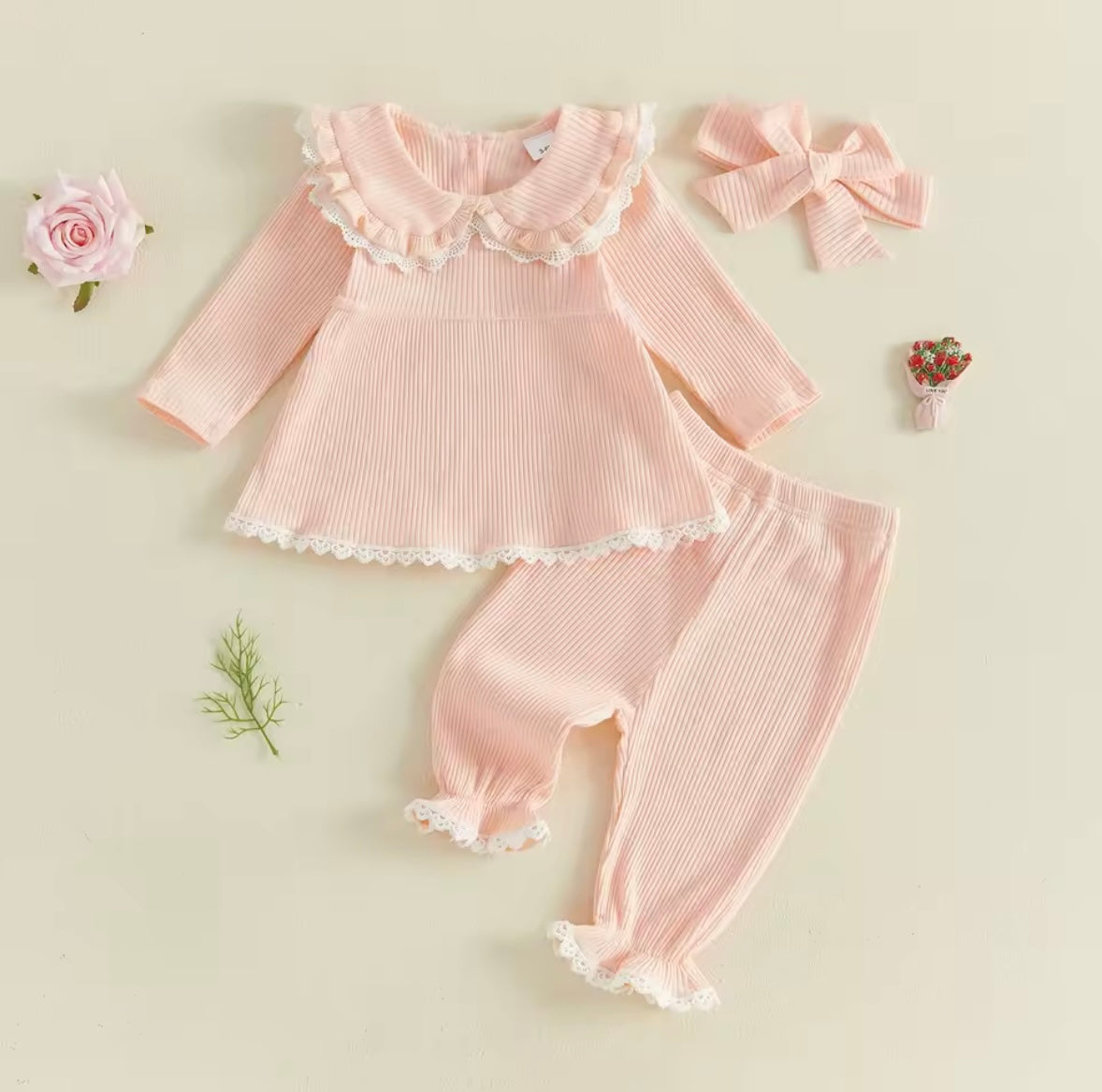 Baby Toddler Girls Ribbed Lace Trim Top Trousers & Headband Set. 3 Colours 6M-3Y