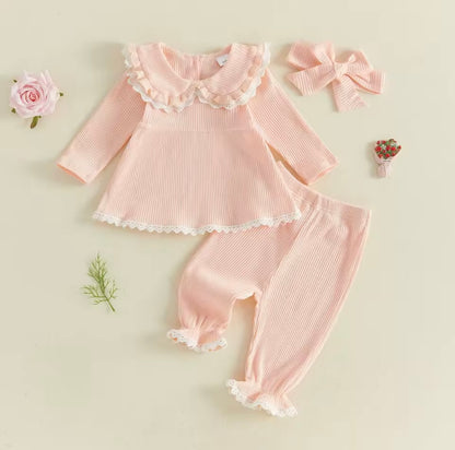 Baby Toddler Girls Ribbed Lace Trim Top Trousers & Headband Set. 3 Colours 6M-3Y