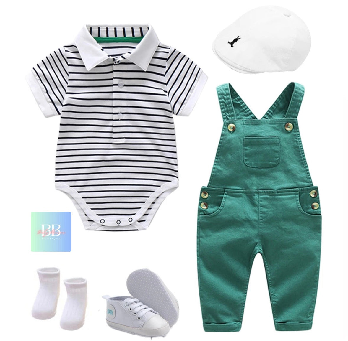 Baby/Toddler Boy Dungarees & Strip Romper with Collar. 3-24M