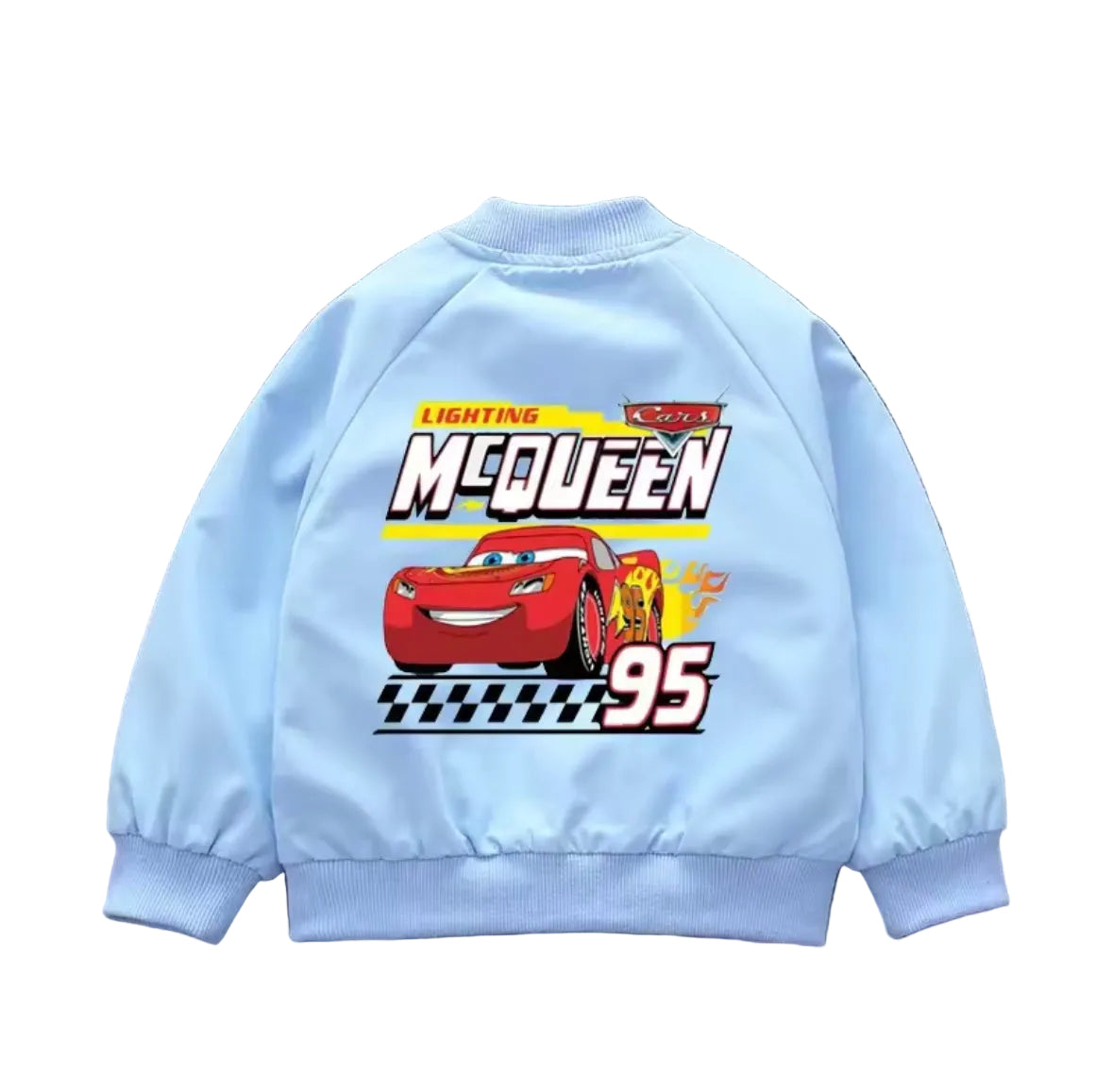 Light blue sweatshirt with Lightning McQueen design on a gray background