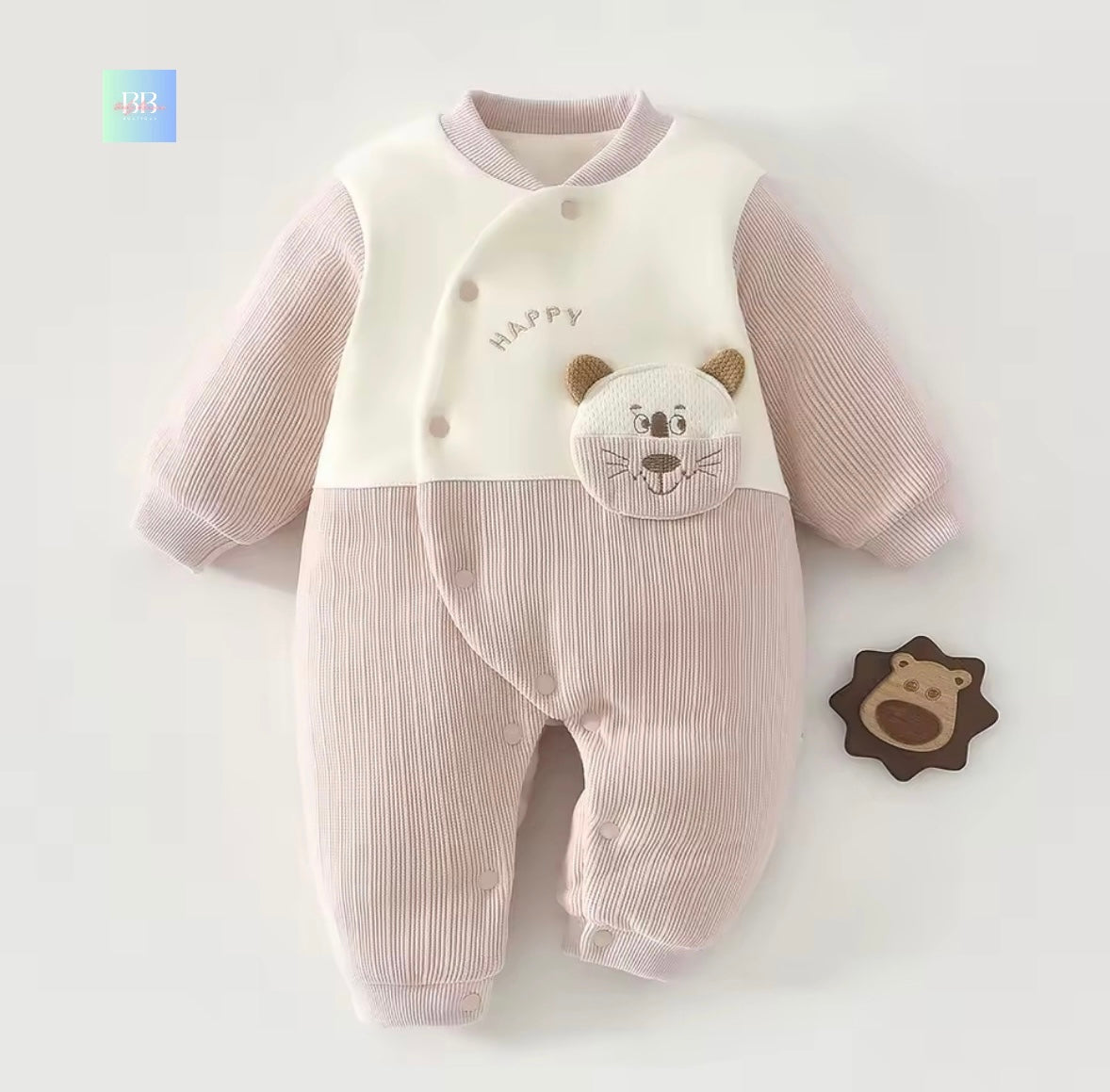 Baby romper with bear design on a white background