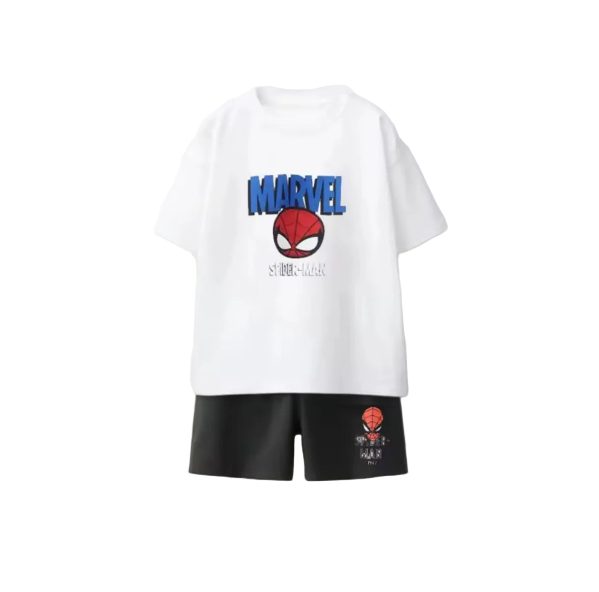 White t-shirt and black shorts with Marvel Spider-Man logo on a white background