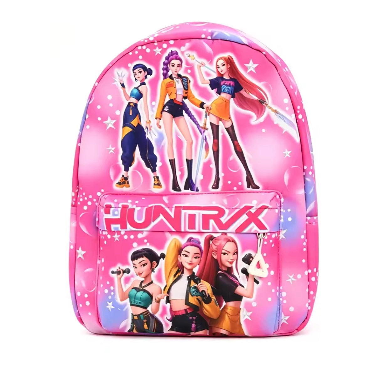 Pink backpack with animated characters and 'HUNTRIX' branding on a white background