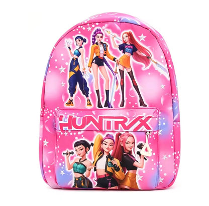 Pink backpack with animated characters and 'HUNTRIX' branding on a white background
