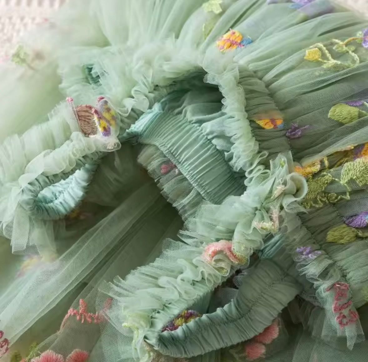 Close-up of a green embroidered fabric with floral patterns