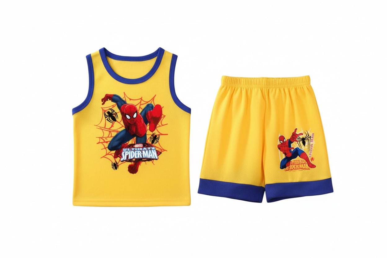 Children's tank top and shorts set with Spider-Man design on a white background