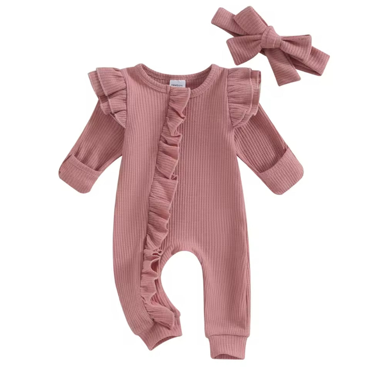 Baby Toddler Girls Ribbed Ruffle Romper & Headband Set. 3 Colours Newborn-12M